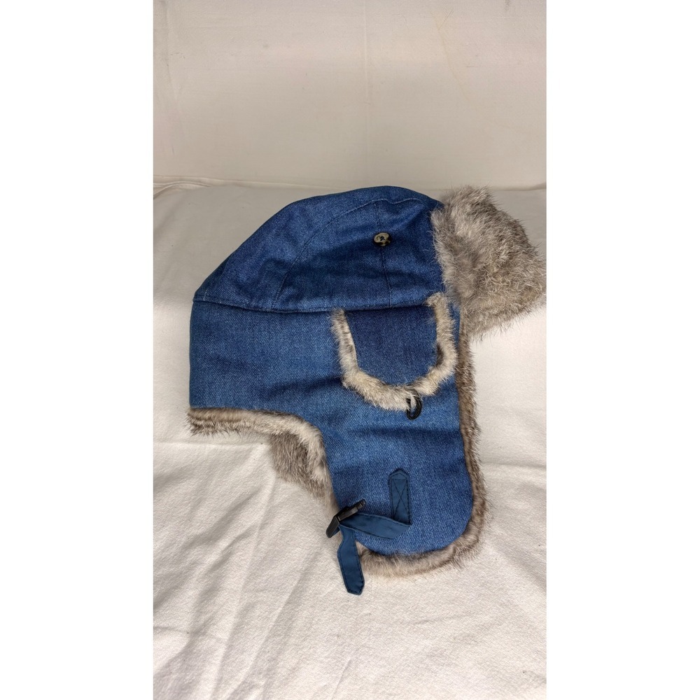 Mad Bomber Denim Trapper Hat Natural Rabbit Fur Trim Blue Aviator Ushanka Small